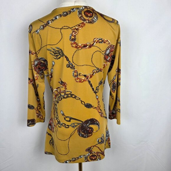Carmen Marc Valvo Top Size Large Equestrian Chain Print Faux Wrap Yellow Knit - Picture 4 of 8
